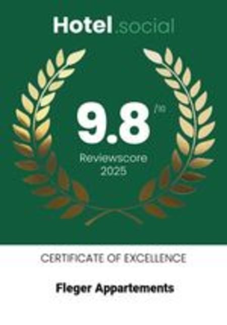 Hotel.social Bewertung 2025 mit 9,8 von 10 Punkten für Fleger Appartements – Certificate of Excellence.
