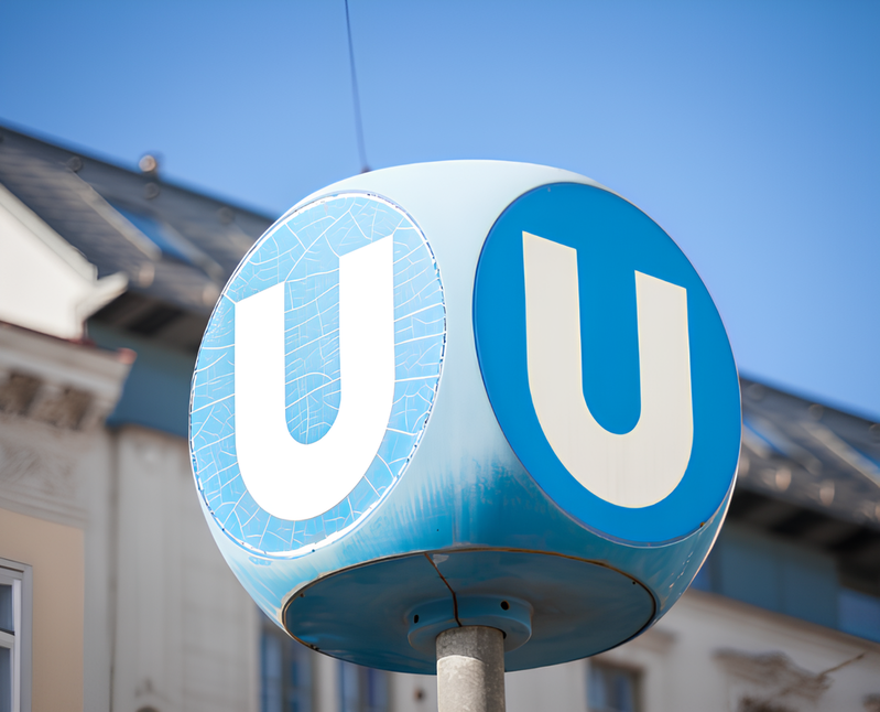 ubway symbol cube with blue surfaces and white letter U
