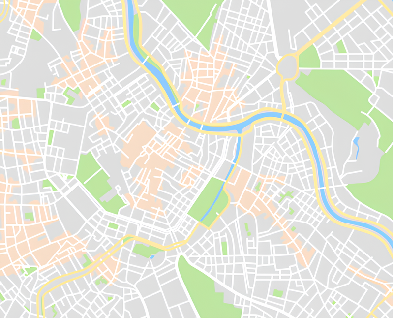 City map with streets, parks, and river courses in schematic representation