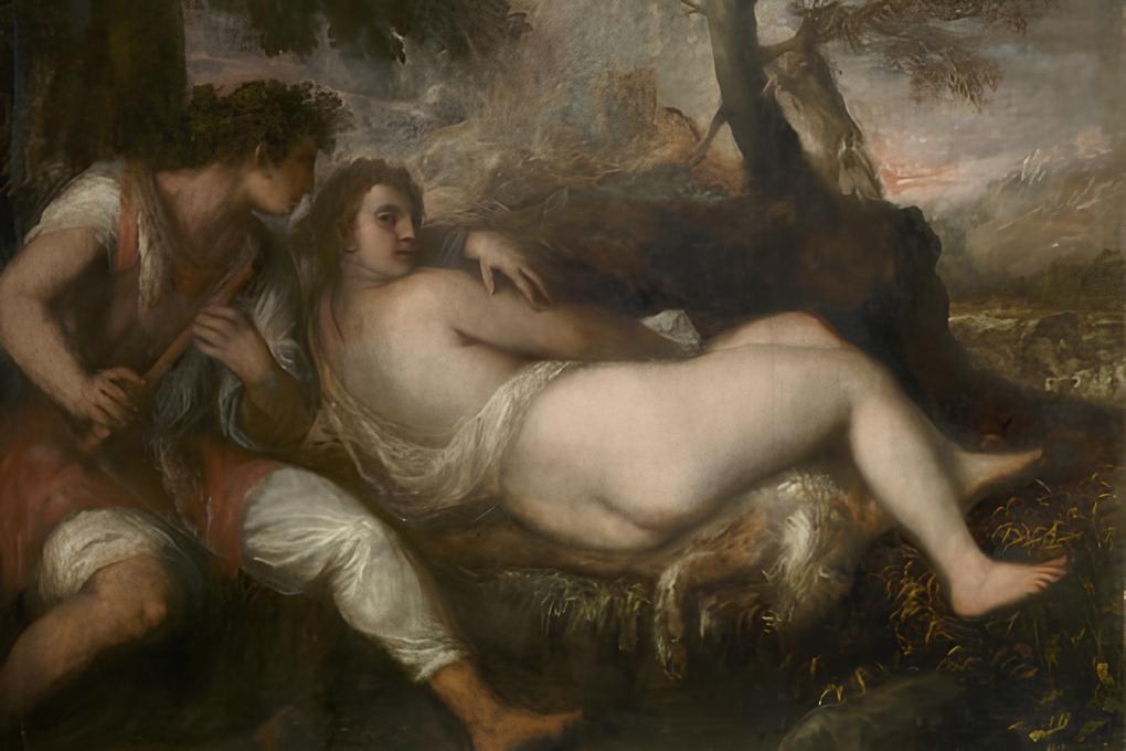 Gemälde von Tizian mit zwei Personen in einer Landschaft ein Mann spielt eine Flöte eine Frau liegt auf einem Tuch die Szene ist von Bäumen umgeben