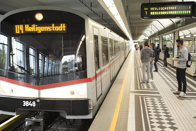 U Bahn der Linie U4 mit der Zielangabe Heiligenstadt im Bahnhof.