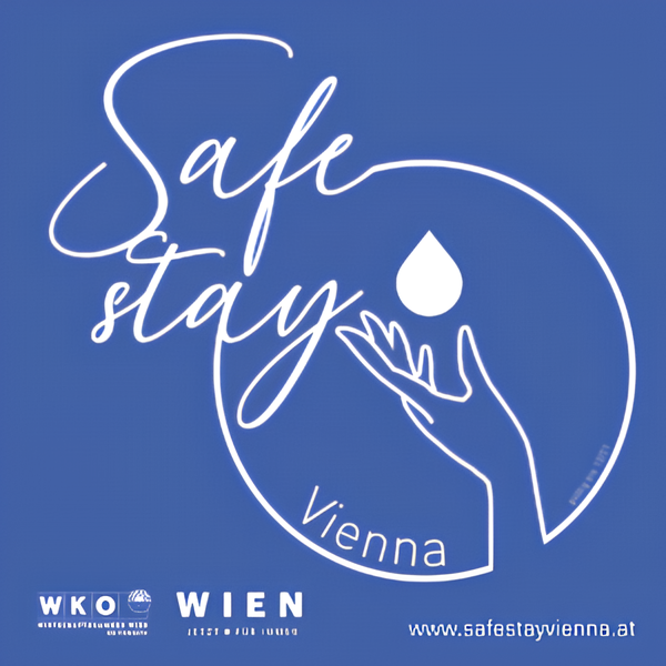Logo Safe Stay Vienna mit stilisierter Hand, Tropfensymbol und Schriftzug auf blauem Hintergrund.