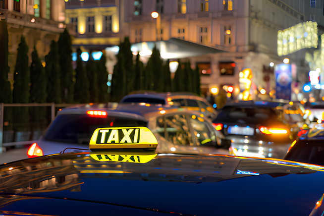 Taxi Zeichen auf dem Dach eines Autos in einer belebten Stadt in der Nacht.