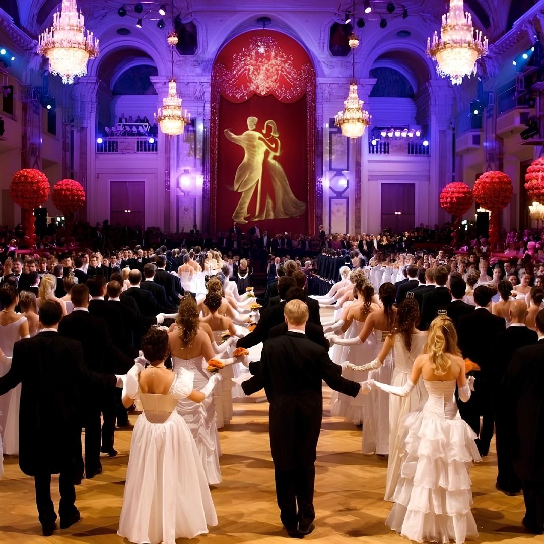 Paare tanzen in einem Ballsaal die Frauen tragen weiße Kleider und die Männer schwarze Anzüge