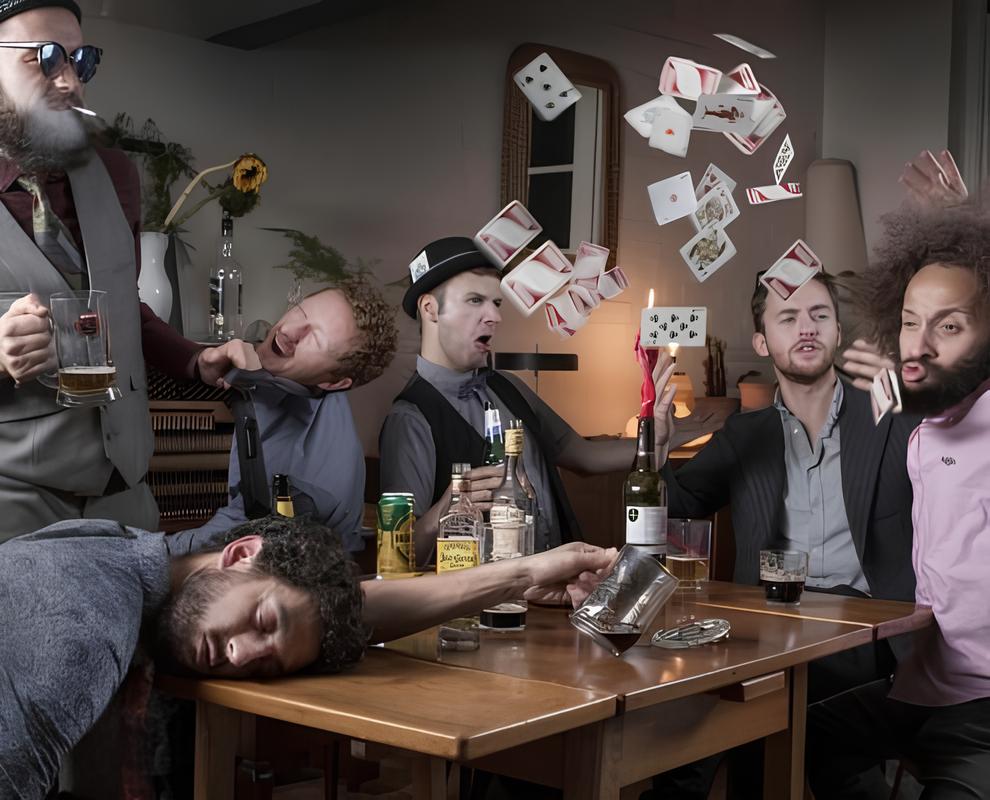 Mehrere Männer an einem Holztisch bei einer chaotischen Party mit Getränken und fliegenden Spielkarten