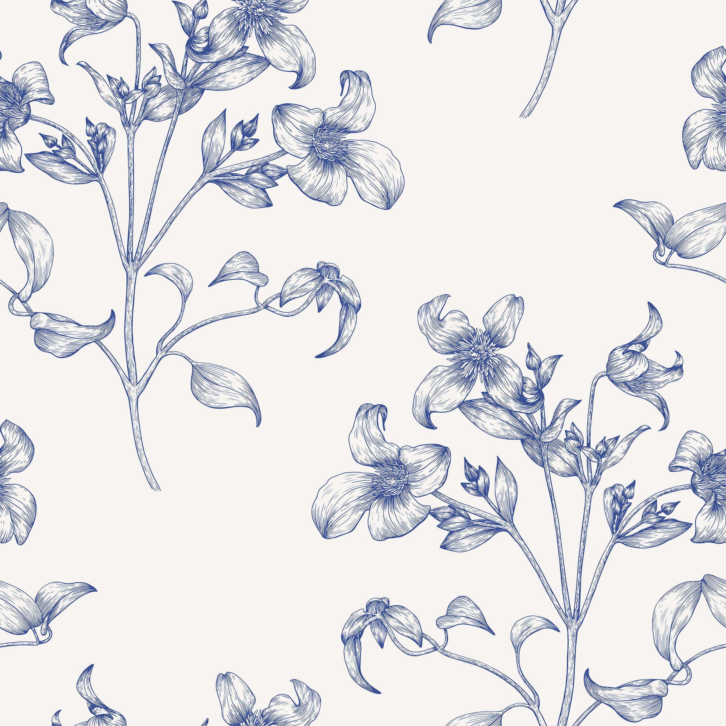 Nahtloses Blumenmuster mit fein gezeichneten blauen Blüten und Blättern auf hellem Hintergrund