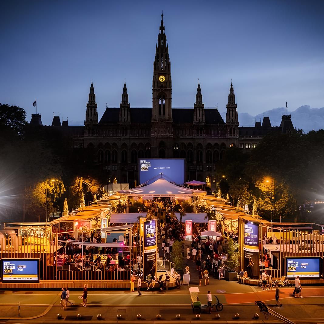 Grosse Menschenmenge auf dem Film Festival vor dem Wiener Rathaus in der Nacht.