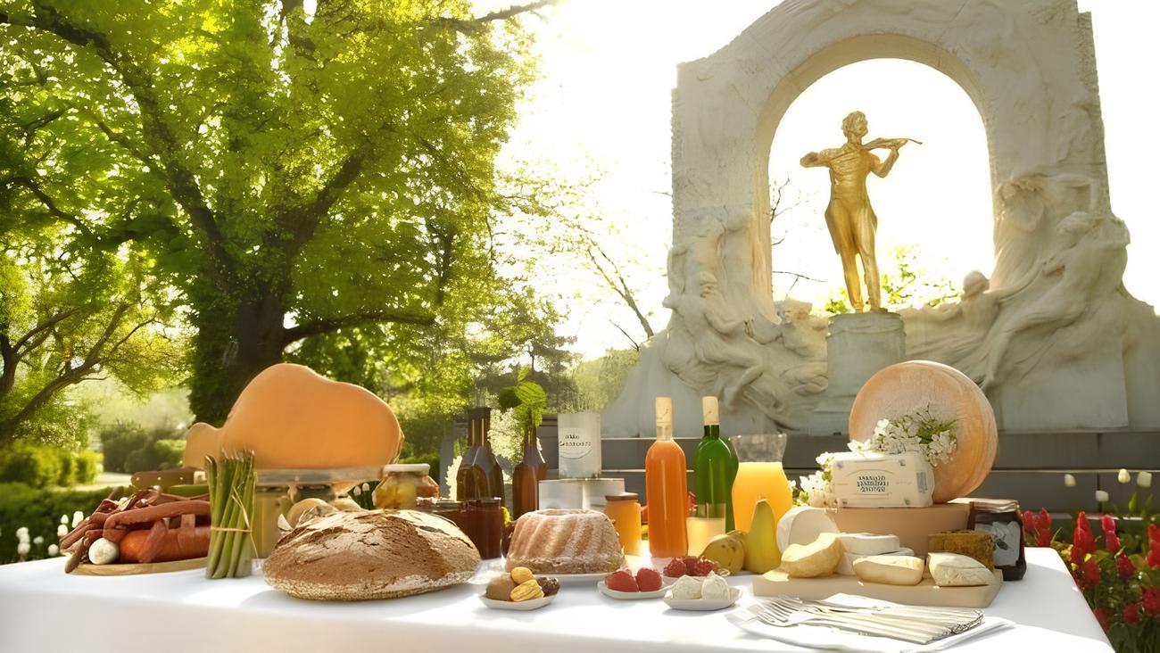 Üppig gedeckte Picknicktafel mit Brot Käse und Getränken vor dem Johann Strauß Denkmal im Wiener Stadtpark