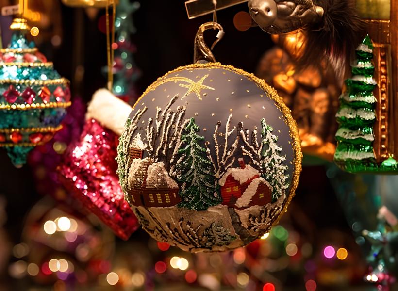 Detailaufnahme von einer blauen Christbaumkugel mit einer Winterlandschaft Bemalung die zwischen anderen Christbaumkugeln hängt