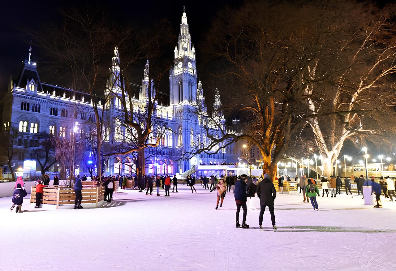 Nächtliche Szene vor dem Wiener Rathaus mit Eislaufplatz und vielen Menschen die Schlittschuh laufen