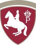 Wappen der Spanischen Hofreitschule mit einem Reiter auf einem Pferd.