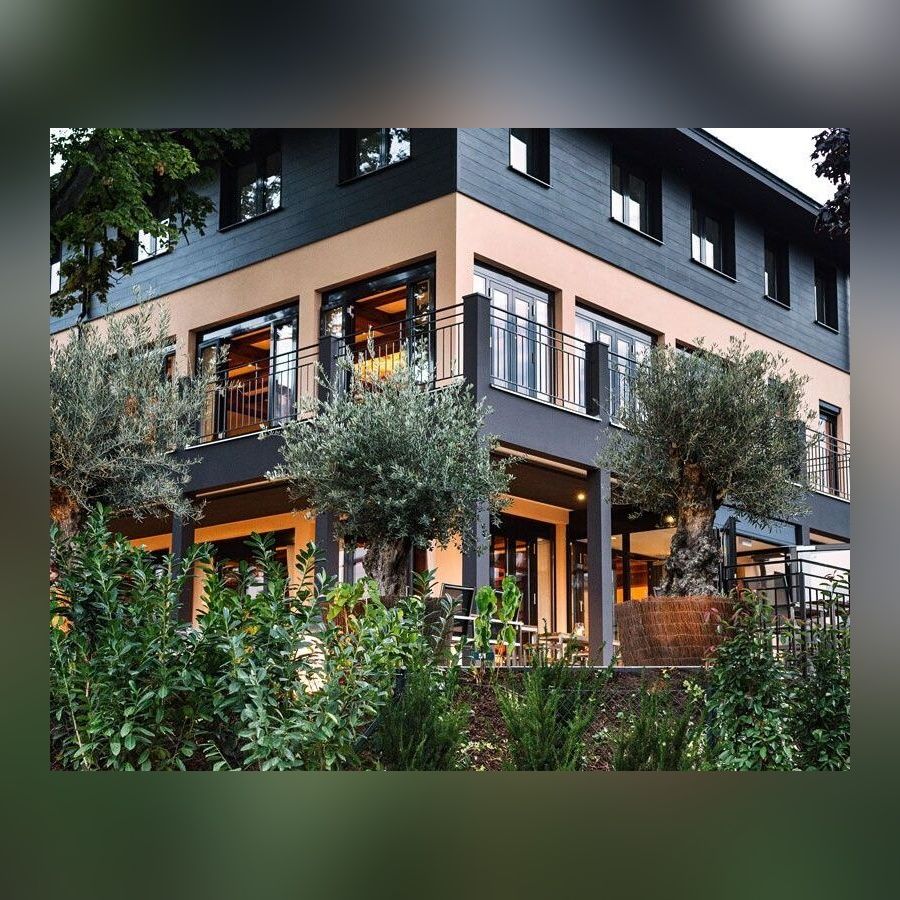 Eckansicht eines modernen Gebäudes mit dunkler Holzfassade und beigefarbenem Putz im Erdgeschoss umgeben von Sträuchern und Bäumen