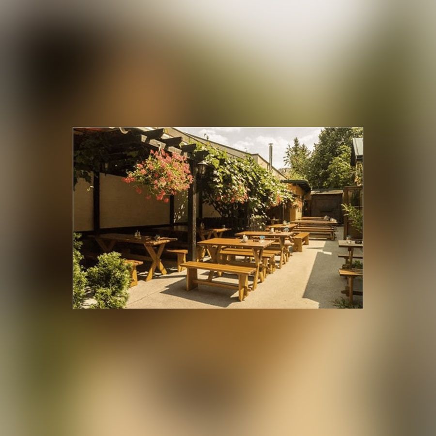 Biergarten mit Holztischen und Bänken unter einer mit Pflanzen bewachsenen Pergola