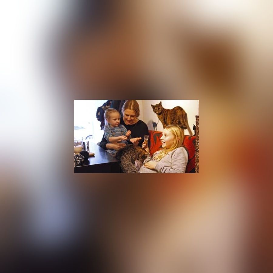 Eine junge Familie mit zwei Kindern und zwei Katzen sitzt gemeinsam auf einem Sofa in einem Café.