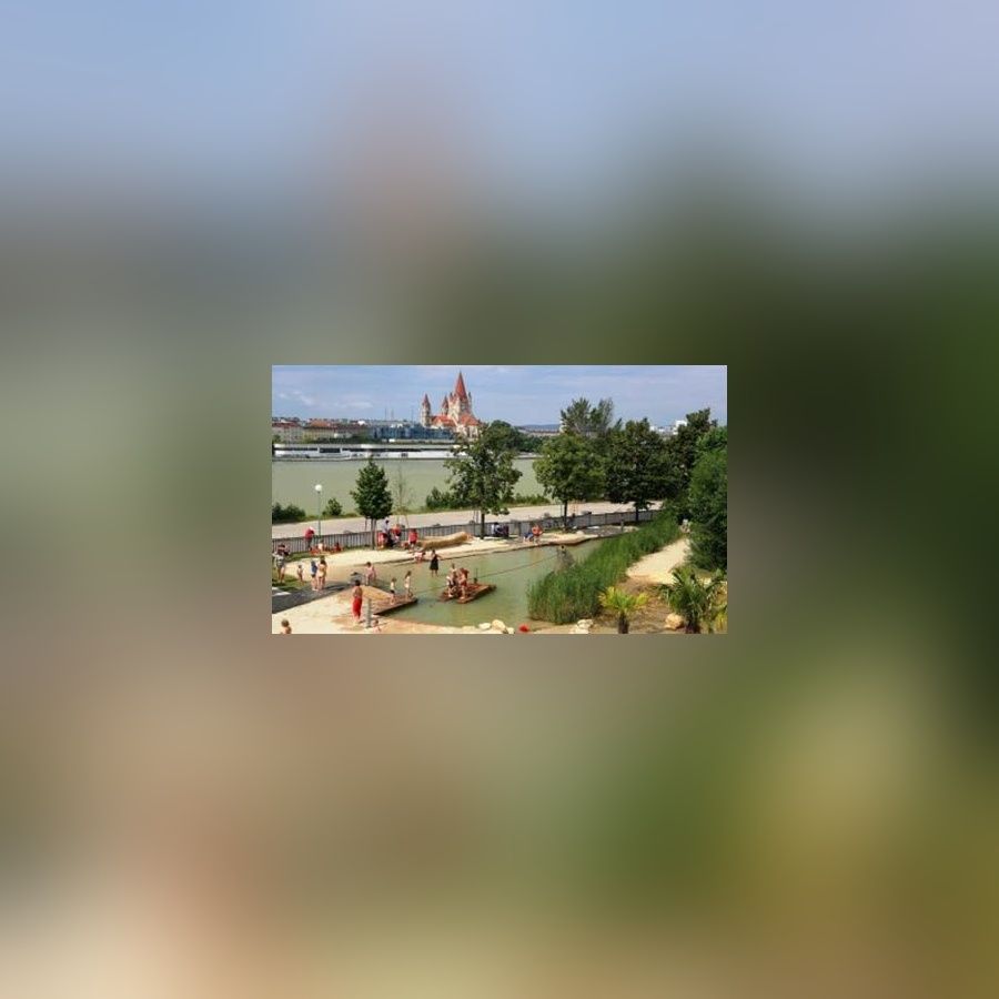 Kinder spielen auf Flößen im Wasser in einem Park vor der Stadt.